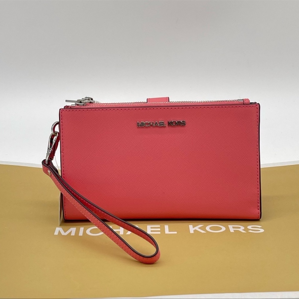 Michael Kors Large Double Zip Wallet Wristlet Leather Pink/Gold - Picture 2 of 8